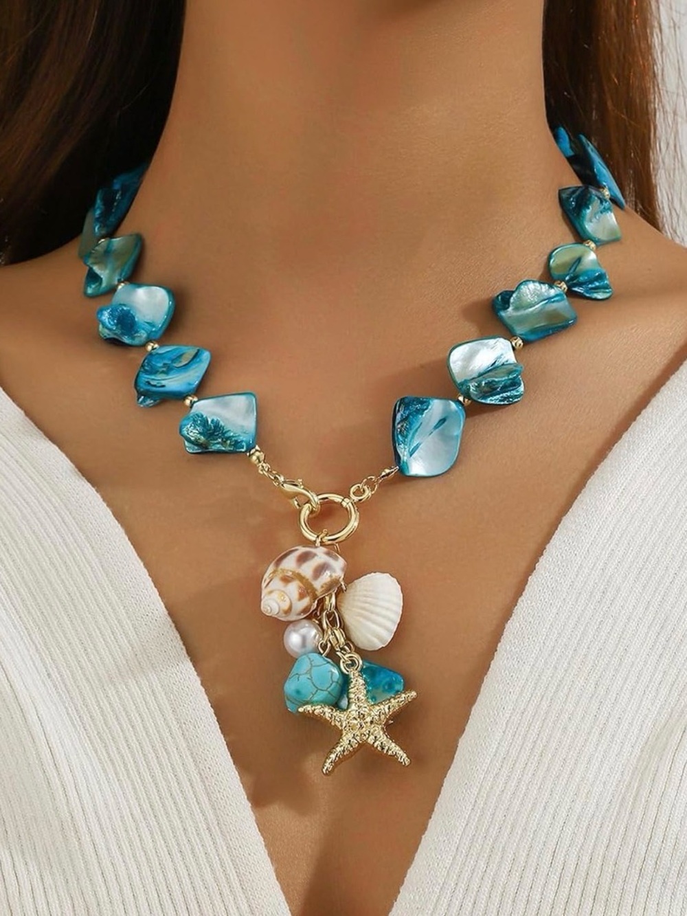 Fashion Jewelry Turquoise Shell & Starfish Charm Necklace - Women Jewelry